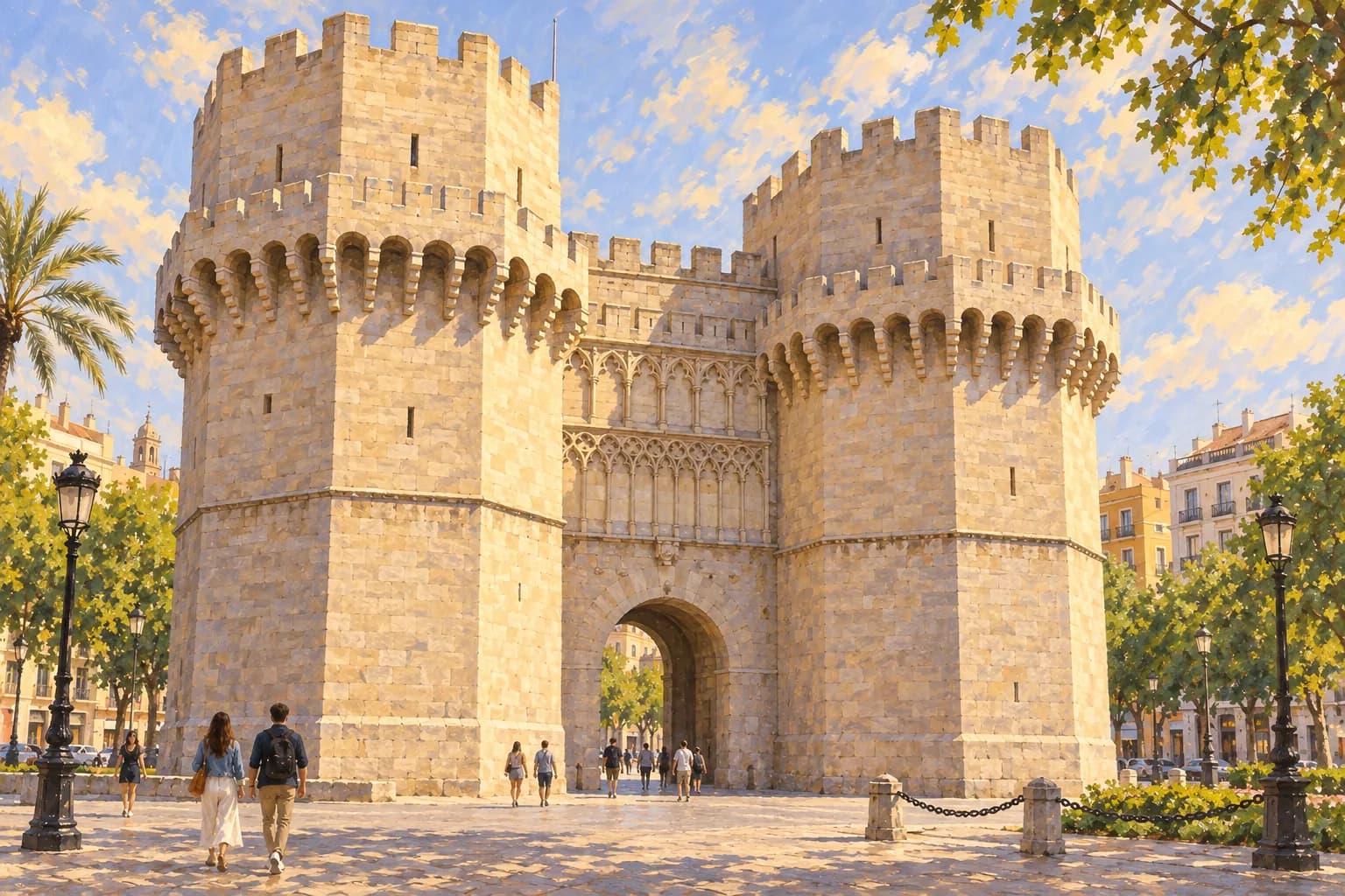Ilustración de las Torres de Serranos de València, con sus dos torres poligonales, matacanes, almenas y el paso central entre paseantes