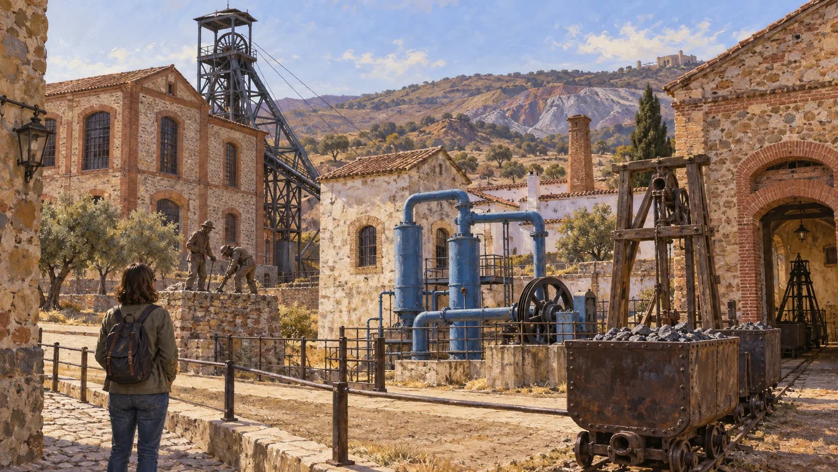 Interpretive illustration of Almadén's mining and industrial heritage, with stone buildings, a headframe and historic machinery