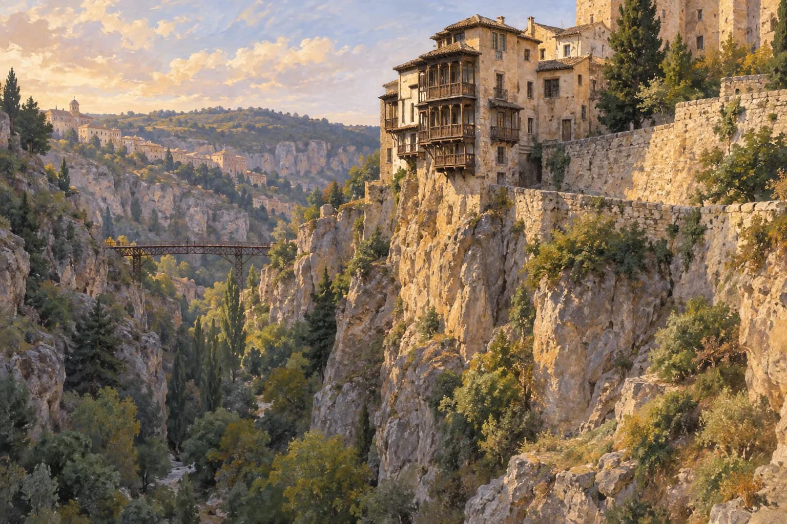 Illustration of Cuenca's Hanging Houses, with timber balconies above the rock of the Huécar gorge rather than houses over water