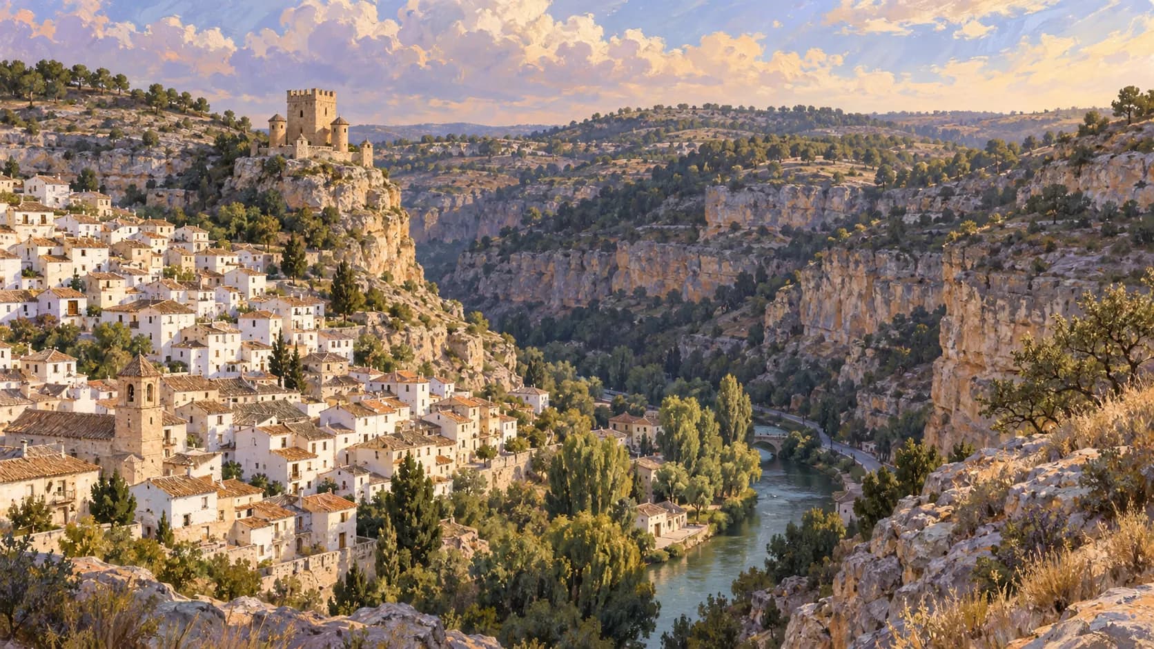 Illustration of the compact Alcalá del Júcar castle above white houses, cliffs and the river