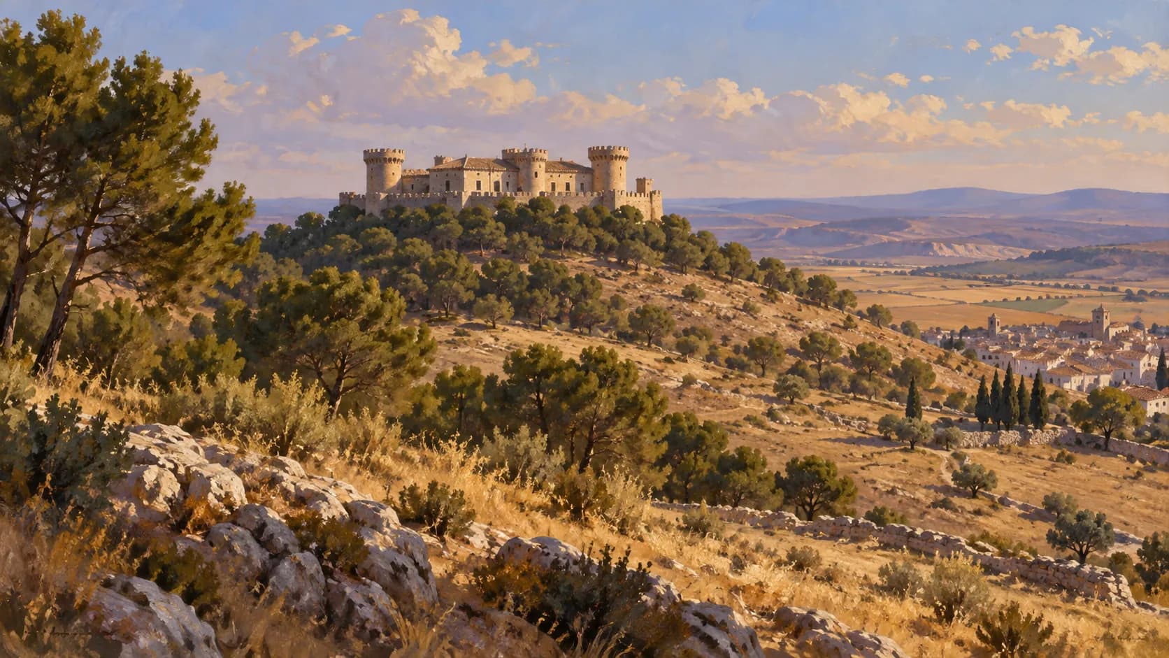 Interpretive illustration of the compact Castle of Belmonte, with cylindrical towers on a hill in Cuenca