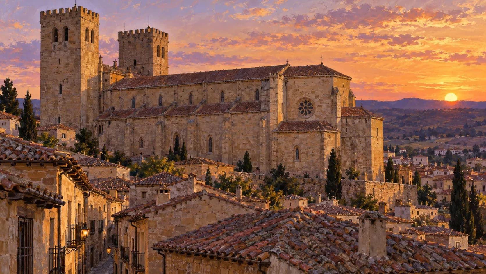 Illustration of Sigüenza Cathedral, with two square battlemented towers above the town's rooftops