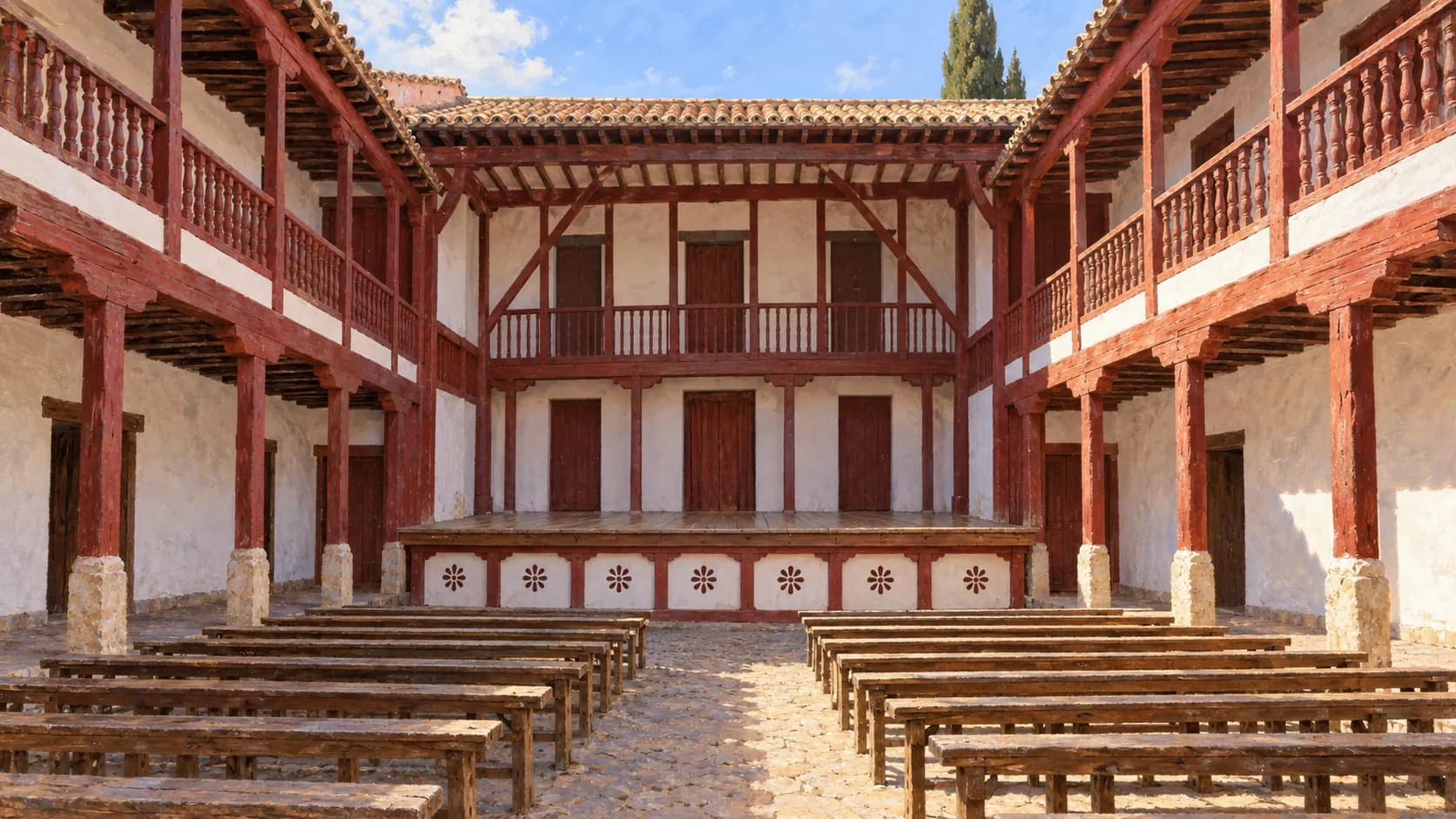 Illustration of the courtyard, stage and red timber galleries of Almagro's Corral de Comedias