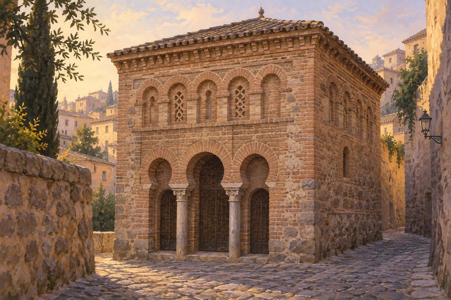 Interpretive illustration of Toledo's small Cristo de la Luz mosque, with brickwork and horseshoe arches on a city street