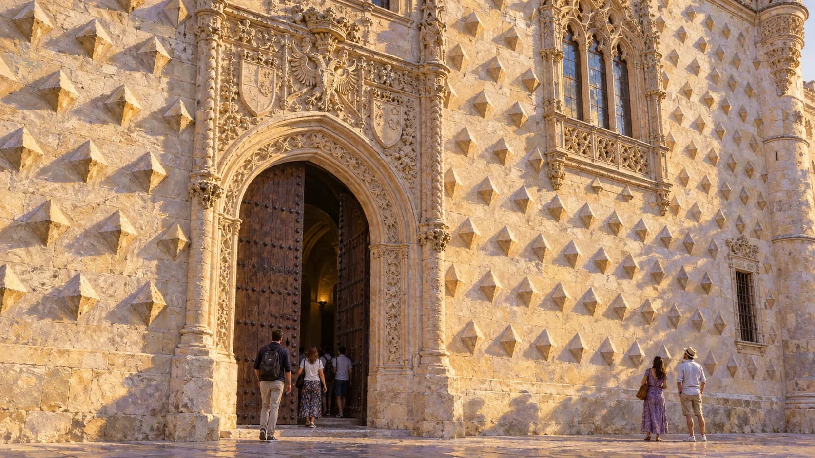 Illustration of Guadalajara's Infantado Palace facade, with diamond-shaped stone reliefs and a carved entrance