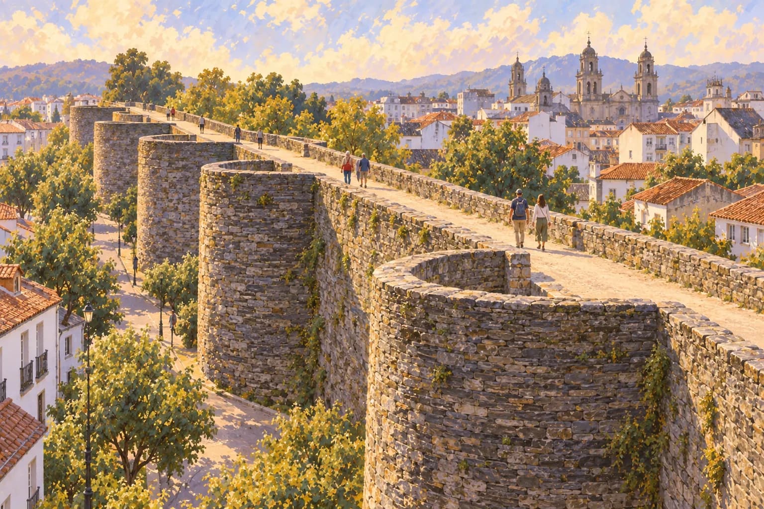 Ilustración del paseo sobre la muralla romana de Lugo, con parapetos bajos, torres semicirculares de pizarra y peatones actuales