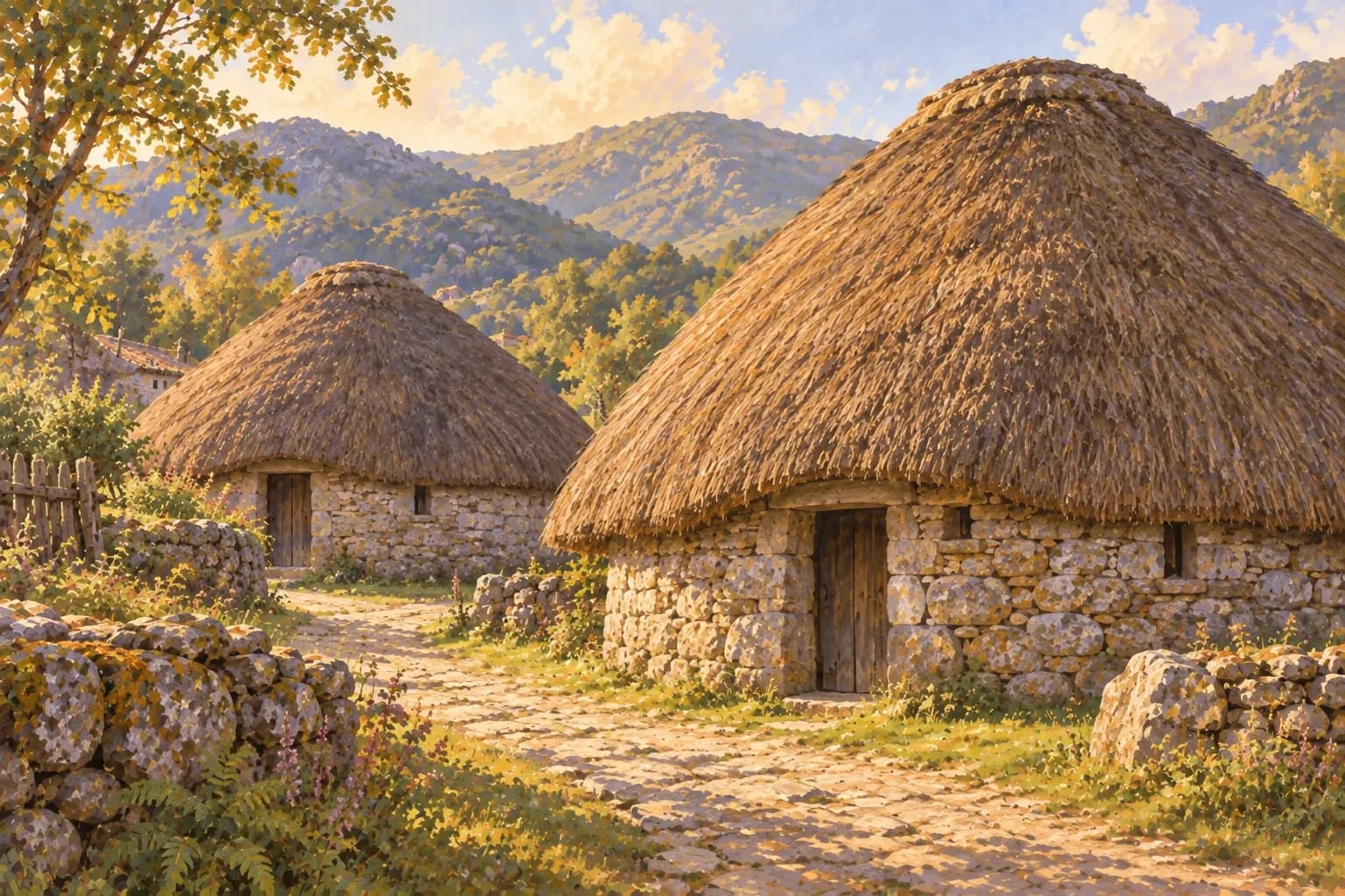Ilustración de dos pallozas de Piornedo, con muros bajos circulares de piedra y grandes cubiertas de paja apoyadas directamente en el terreno