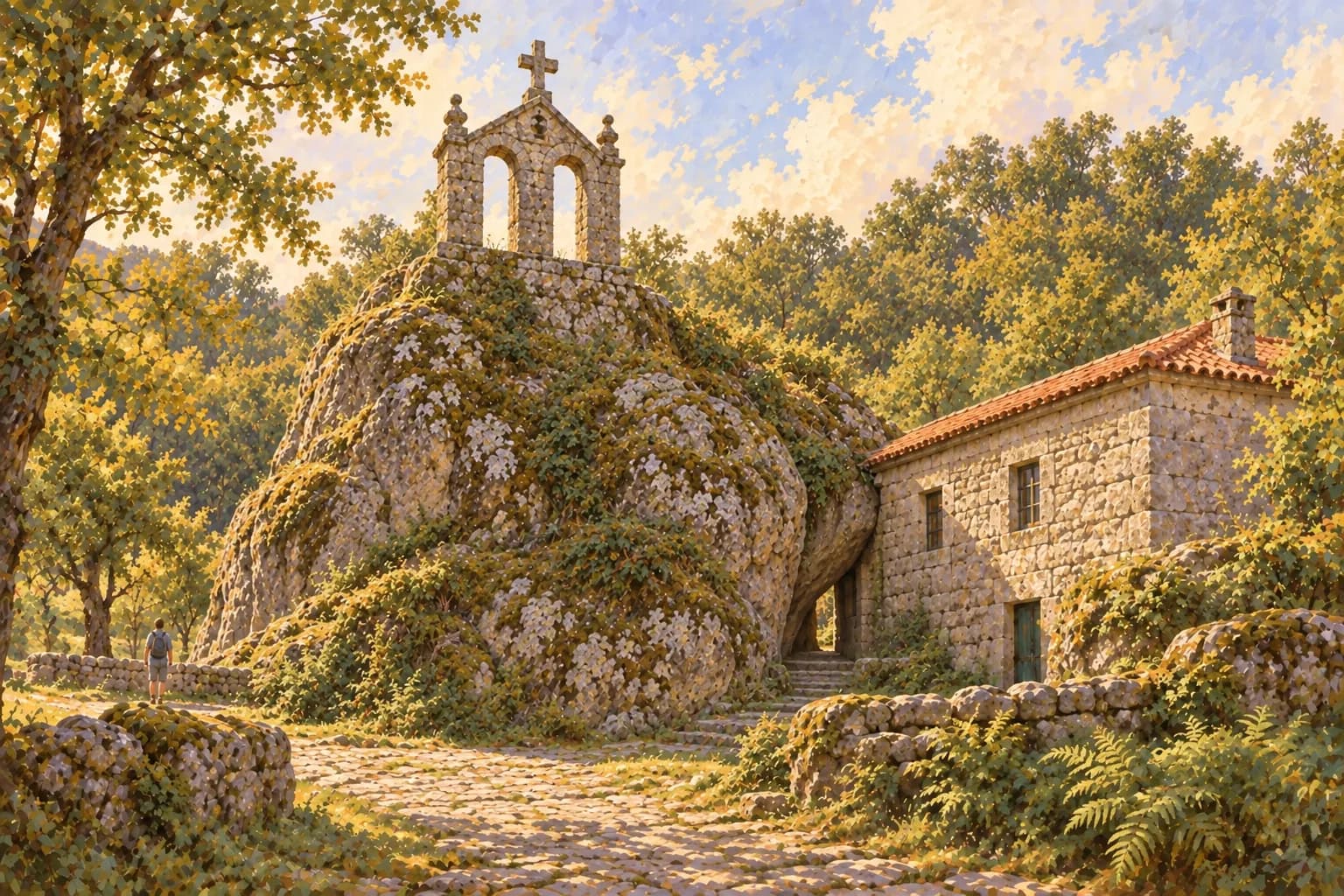 Ilustración de la espadaña de dos arcos de San Pedro de Rocas sobre un gran monolito de granito, junto a un edificio pétreo y vegetación