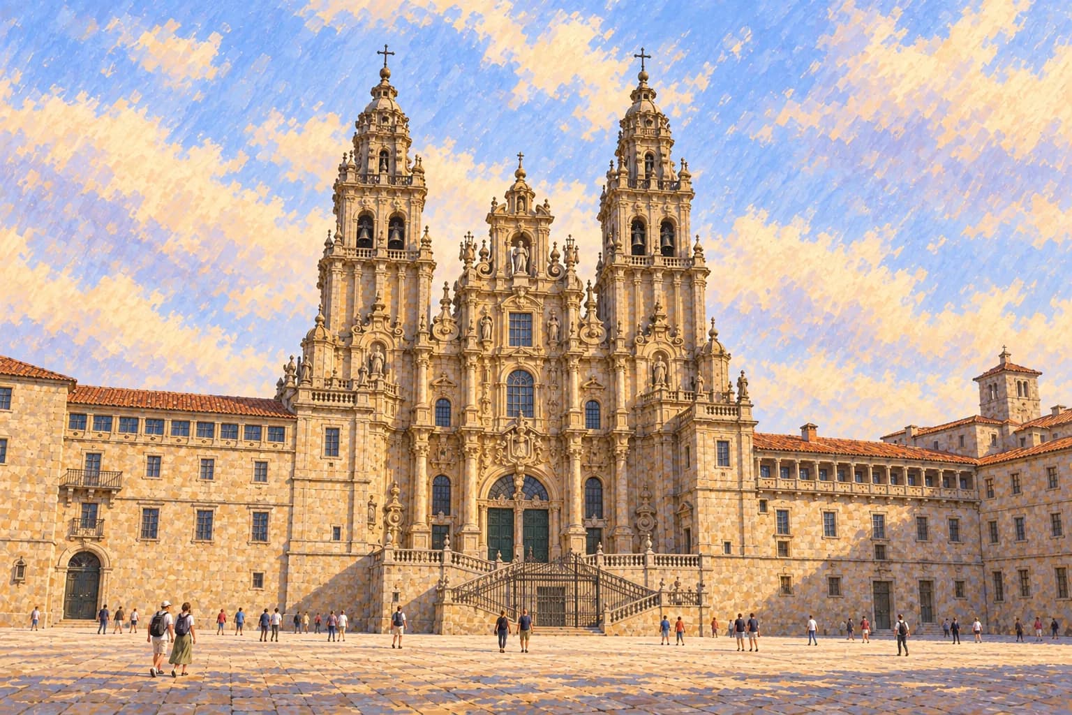 Ilustración de la fachada del Obradoiro de la Catedral de Santiago, con sus dos altas torres barrocas y escalinata de piedra