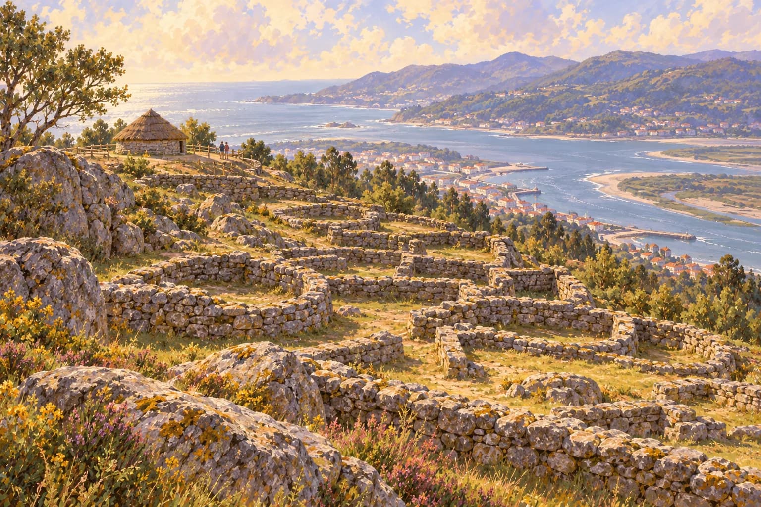 Ilustración del Castro de Santa Trega sobre una ladera, con recintos de piedra escalonados y la desembocadura del Miño al fondo