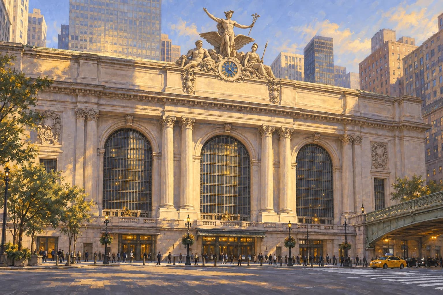 Illustration of Grand Central Terminal's south facade with three tall arched windows, columns and a clock beneath its sculptural group