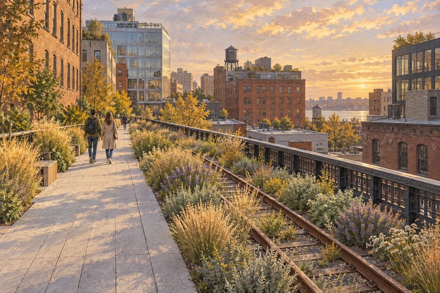 Evocative illustration of the High Line with rails among plants, a separate pedestrian path and surrounding urban buildings