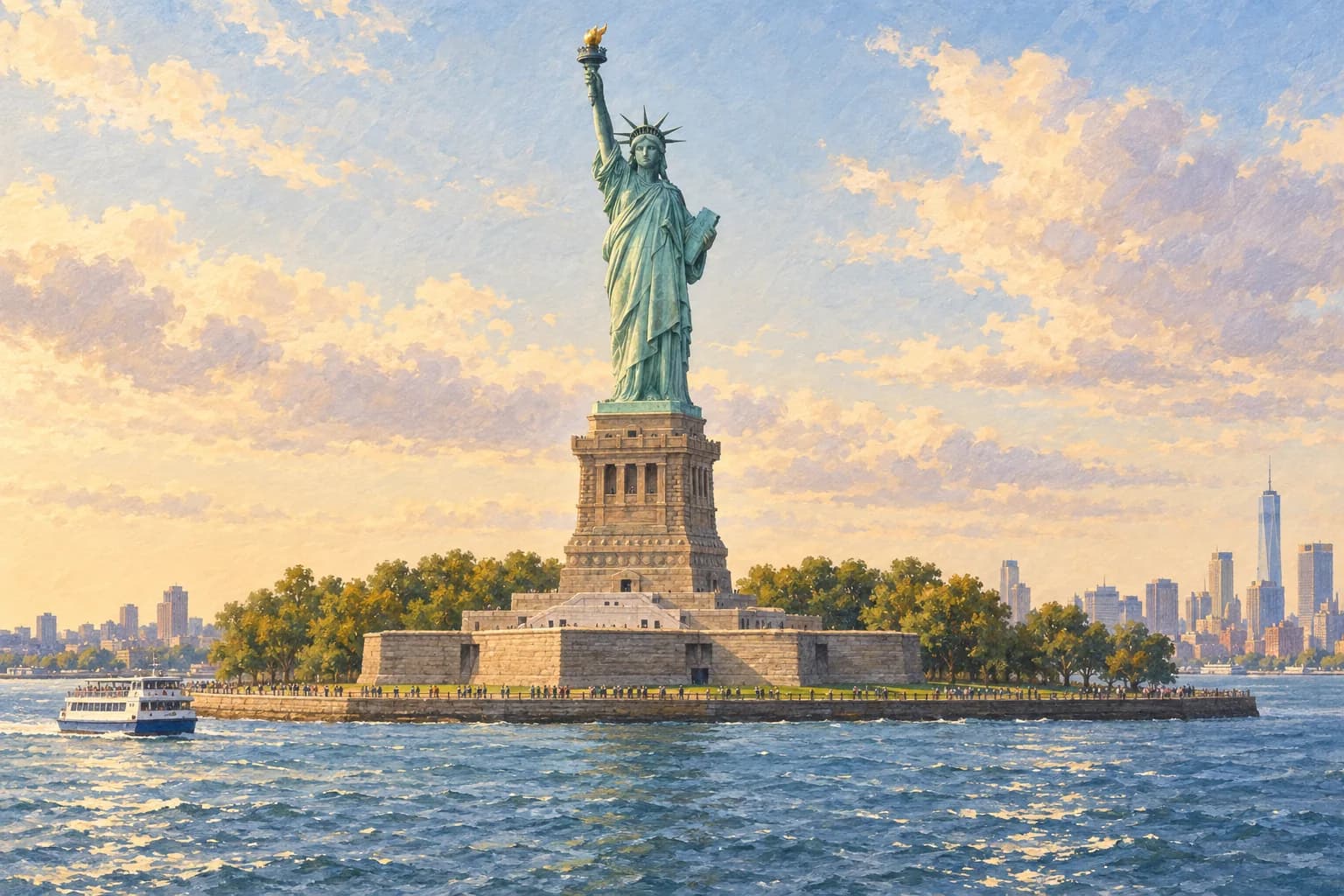 Illustration of the Statue of Liberty with torch in her right hand and tablet in her left, above its pedestal and harbor water