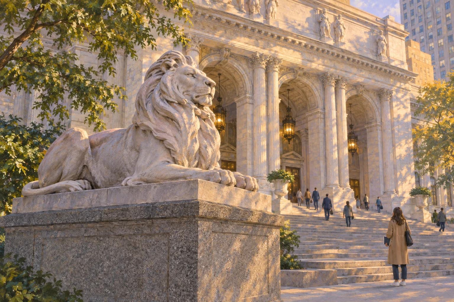 Illustration of a reclining marble lion on its pedestal before the Stephen A. Schwarzman Building of the New York Public Library