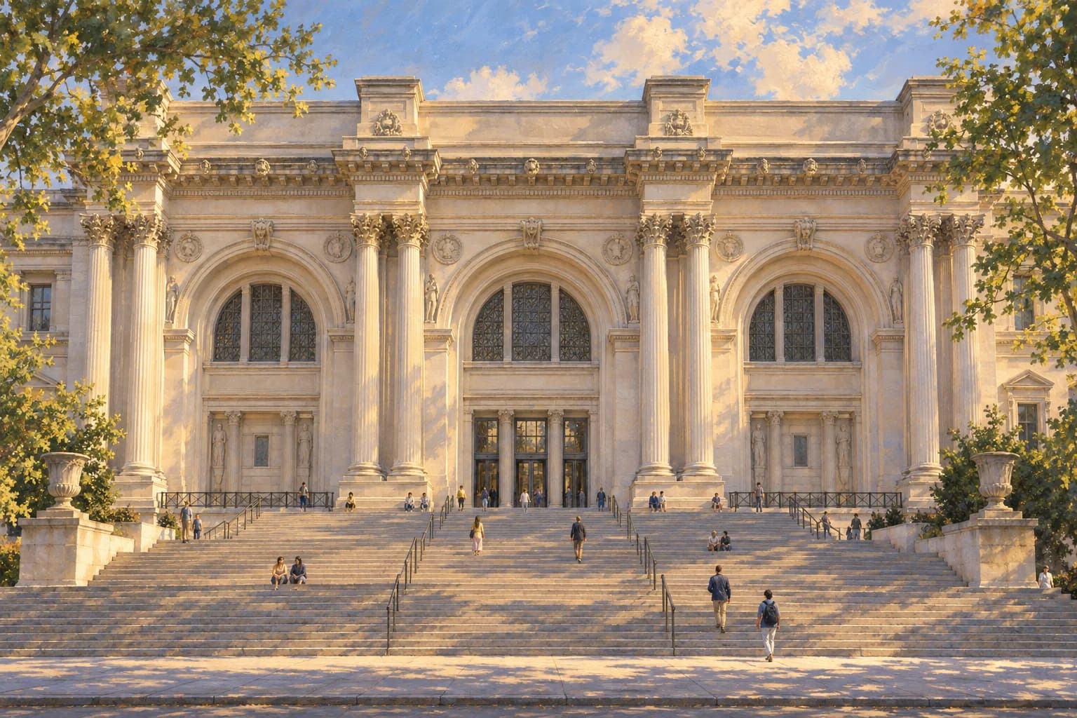 Illustration of the Metropolitan Museum of Art's Fifth Avenue facade with three great arches, paired columns and broad entrance steps