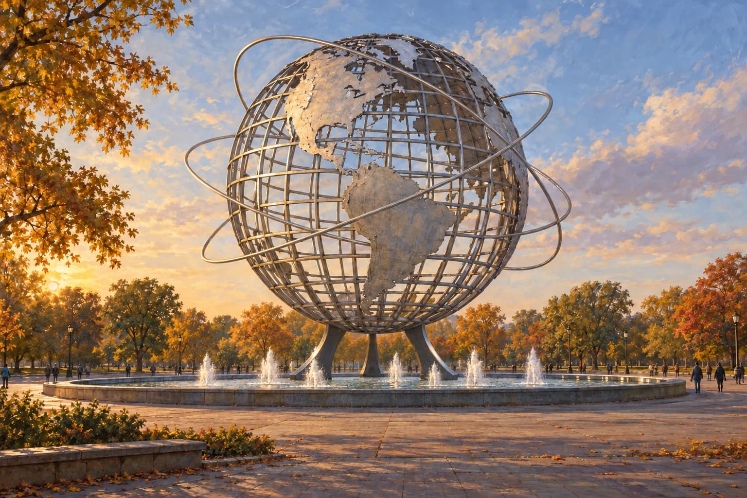 Illustration of the Unisphere's metal globe with continents, latticework, three orbital rings and its support over a circular fountain basin