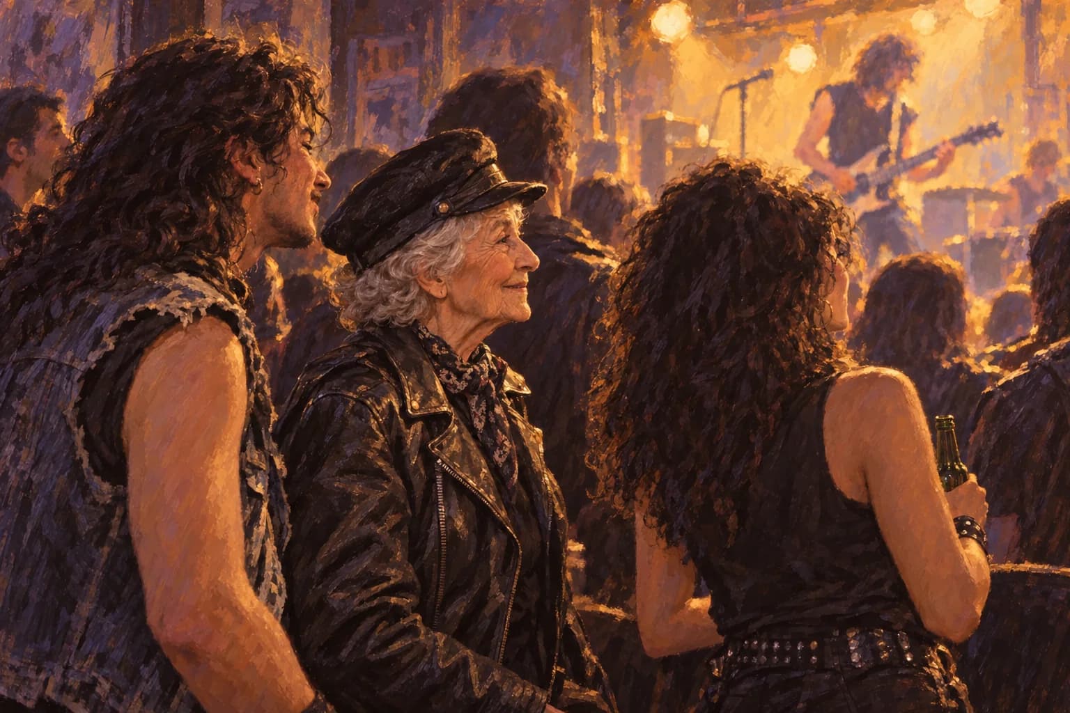 Painted scene of an older woman in a peaked cap and leather jacket listening to a rock performance among younger fans