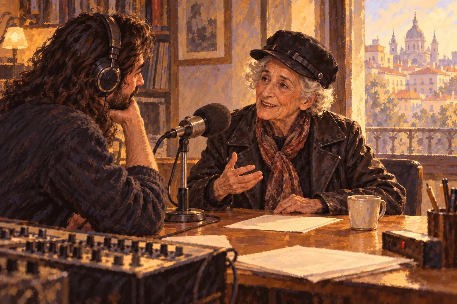 Painted evocation of Ángeles talking with a young radio host across a desk and an analogue studio microphone