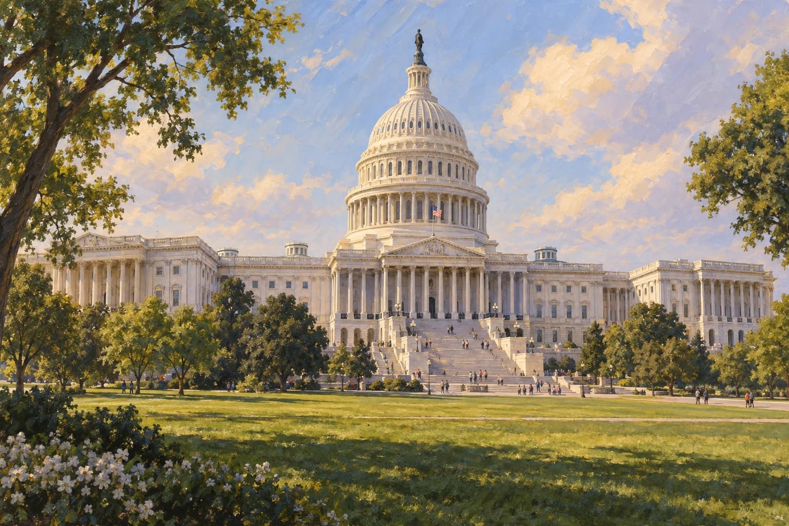 Illustration of the U.S. Capitol's west front, with its central dome and the small silhouette of the Statue of Freedom at the top