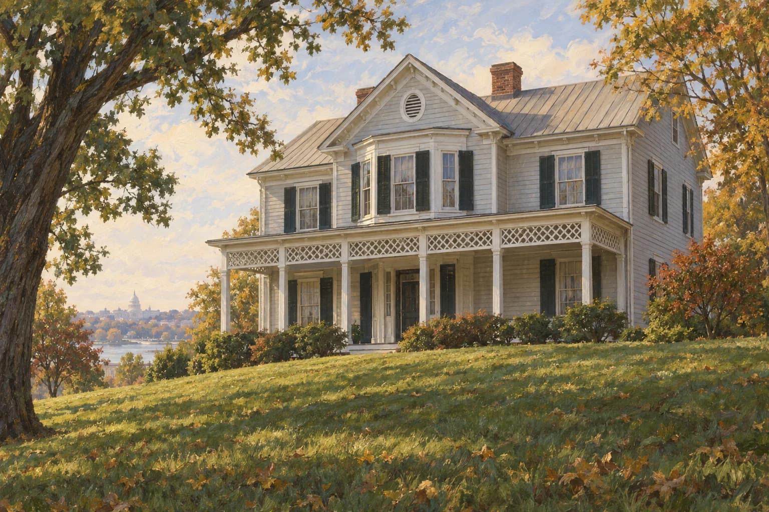 Illustrated evocation of Cedar Hill on a green slope, with pale siding, dark shutters and a lattice-trimmed front porch