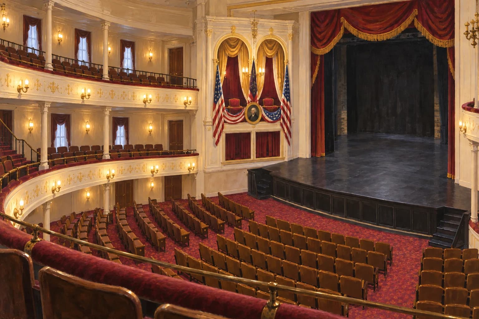 Illustrated evocation of Ford's Theatre with two balcony levels, auditorium seats and the empty presidential box beside the stage