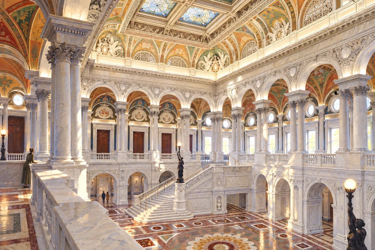 Illustration of the Thomas Jefferson Building's Great Hall, with marble stairs, arched galleries and a decorated ceiling