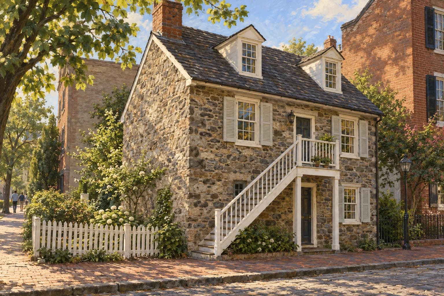 Illustration of Old Stone House in Georgetown, with irregular fieldstone walls, pale window shutters and external wooden stairs