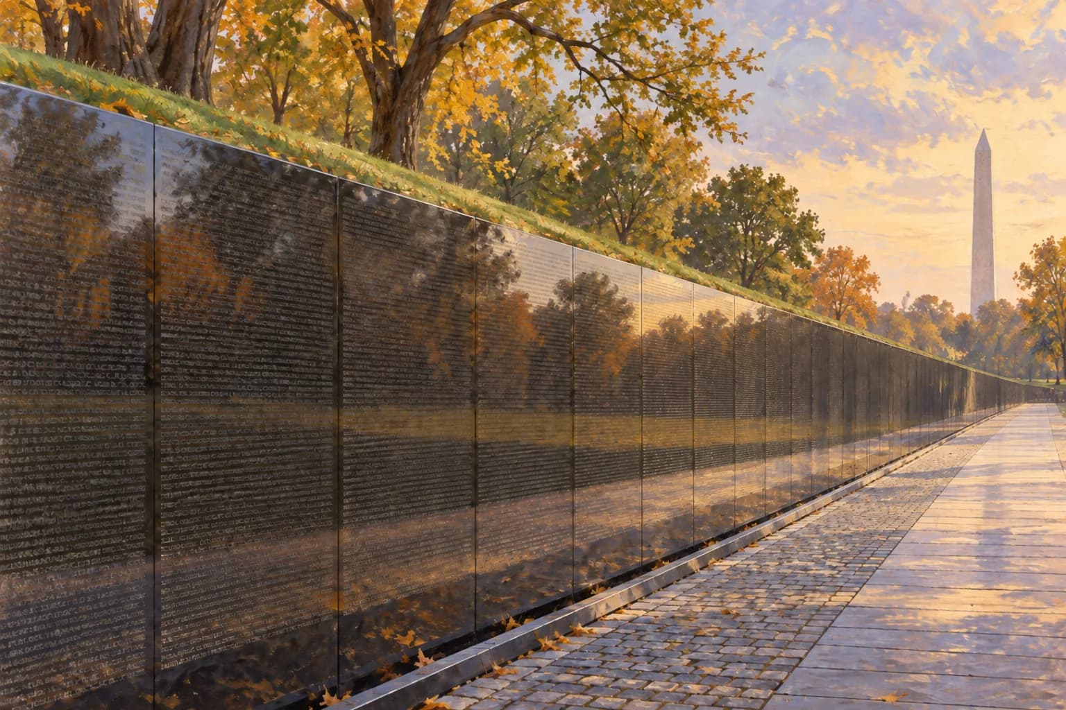 Painterly evocation of the dark Vietnam Veterans Memorial wall reflecting trees beside an empty walkway