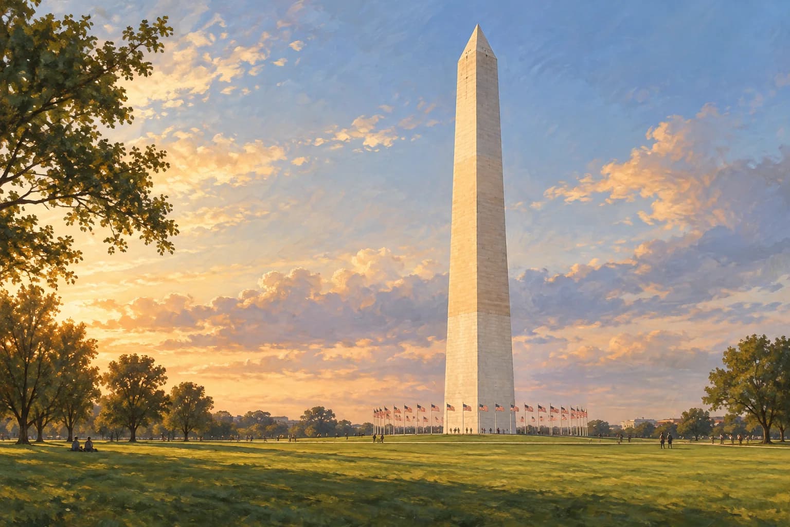Illustration of the Washington Monument obelisk with a subtle change in marble color and flags around its base