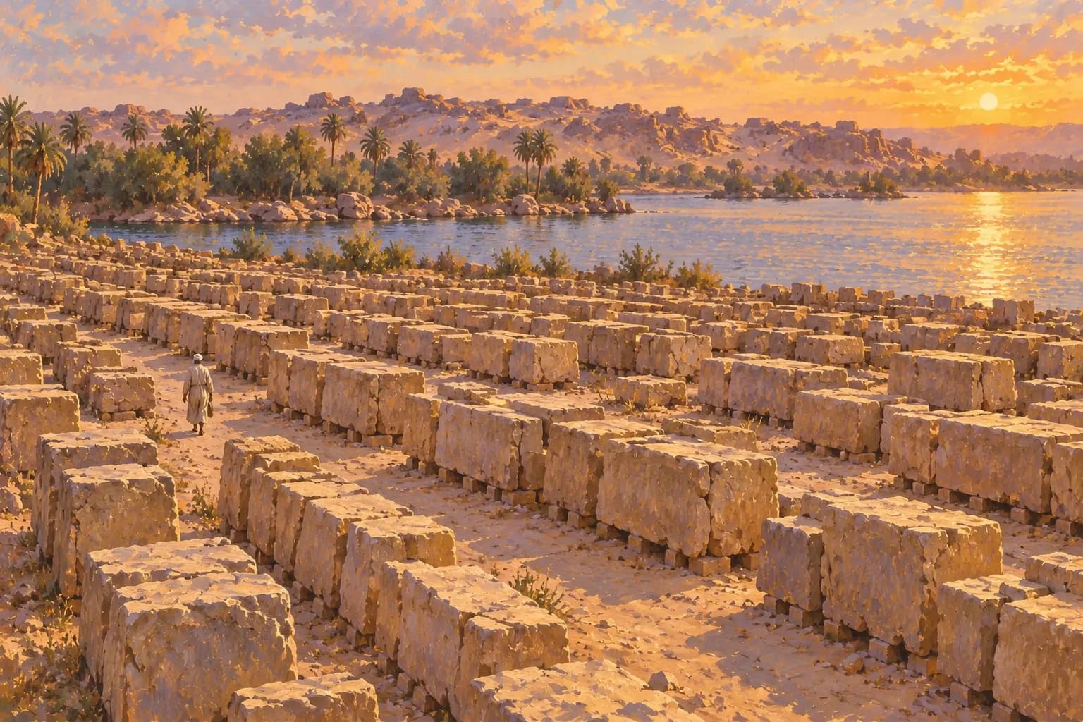 Illustration of rows of sandstone blocks beside a Nile channel, with a small walking figure showing the scale of the storage ground