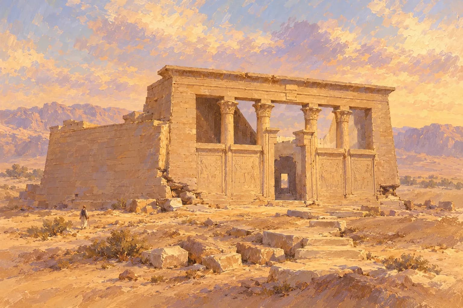 Painterly recreation of Debod in Nubia, with its four-column façade and sandy ground, informed by a historical view by David Roberts
