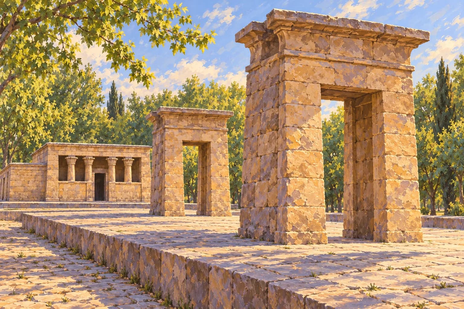Illustration of Debod's two rectangular stone gateways with broad cornices and the low temple behind them, in daylight