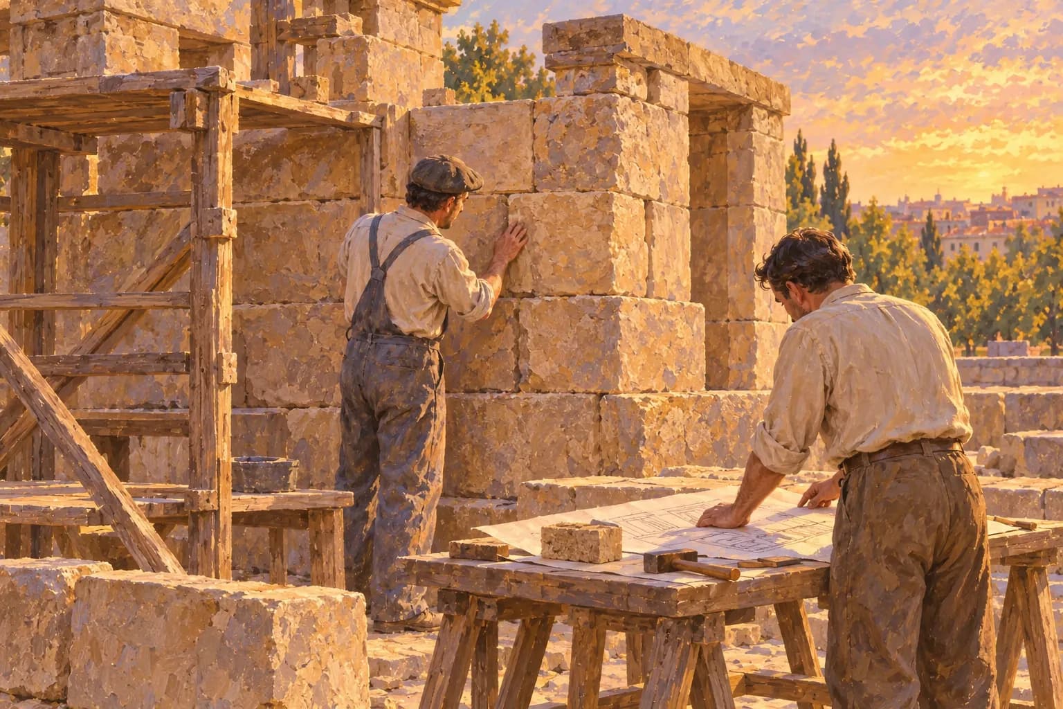 Evocative illustration of two workers examining stone joints and plans beside masonry and wooden scaffolding during reconstruction