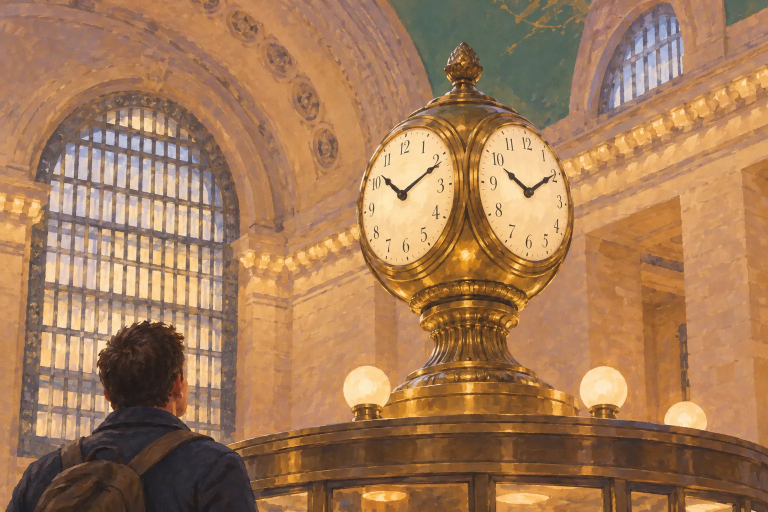 Ilustración del reloj de latón del puesto de información de Grand Central, con dos de sus cuatro caras visibles y el remate de bellota