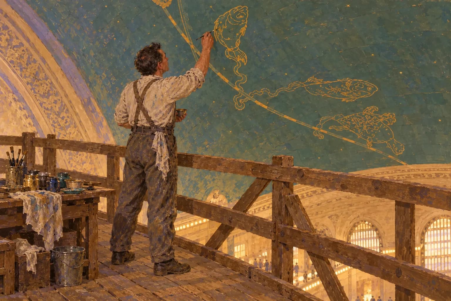 Recreación ilustrada de un pintor con ambos pies sobre un andamio de madera, alcanzando con el pincel las figuras doradas de la bóveda