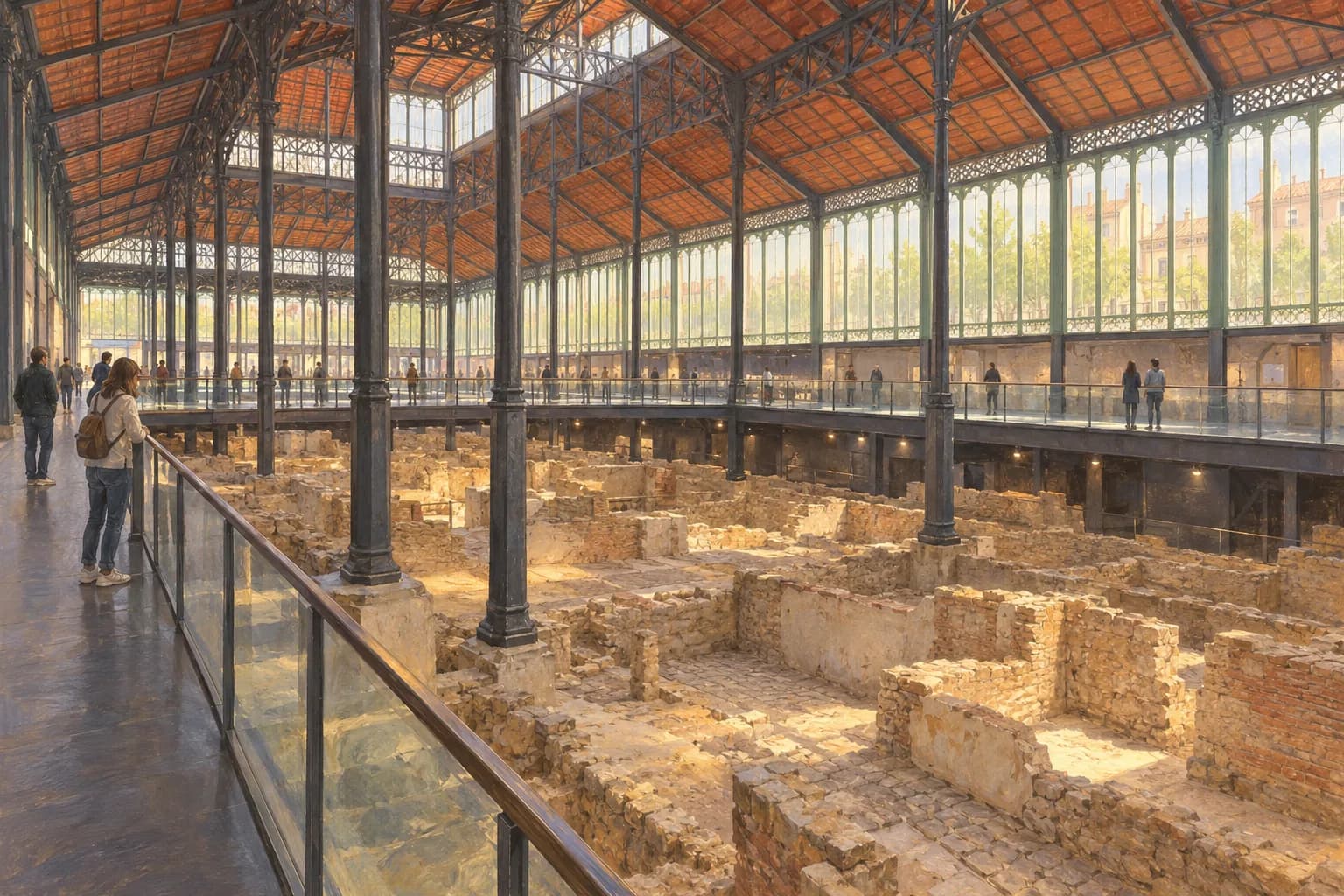 Ilustración del antiguo mercado del Born, con estructura de hierro y pasarelas actuales sobre restos de casas y calles