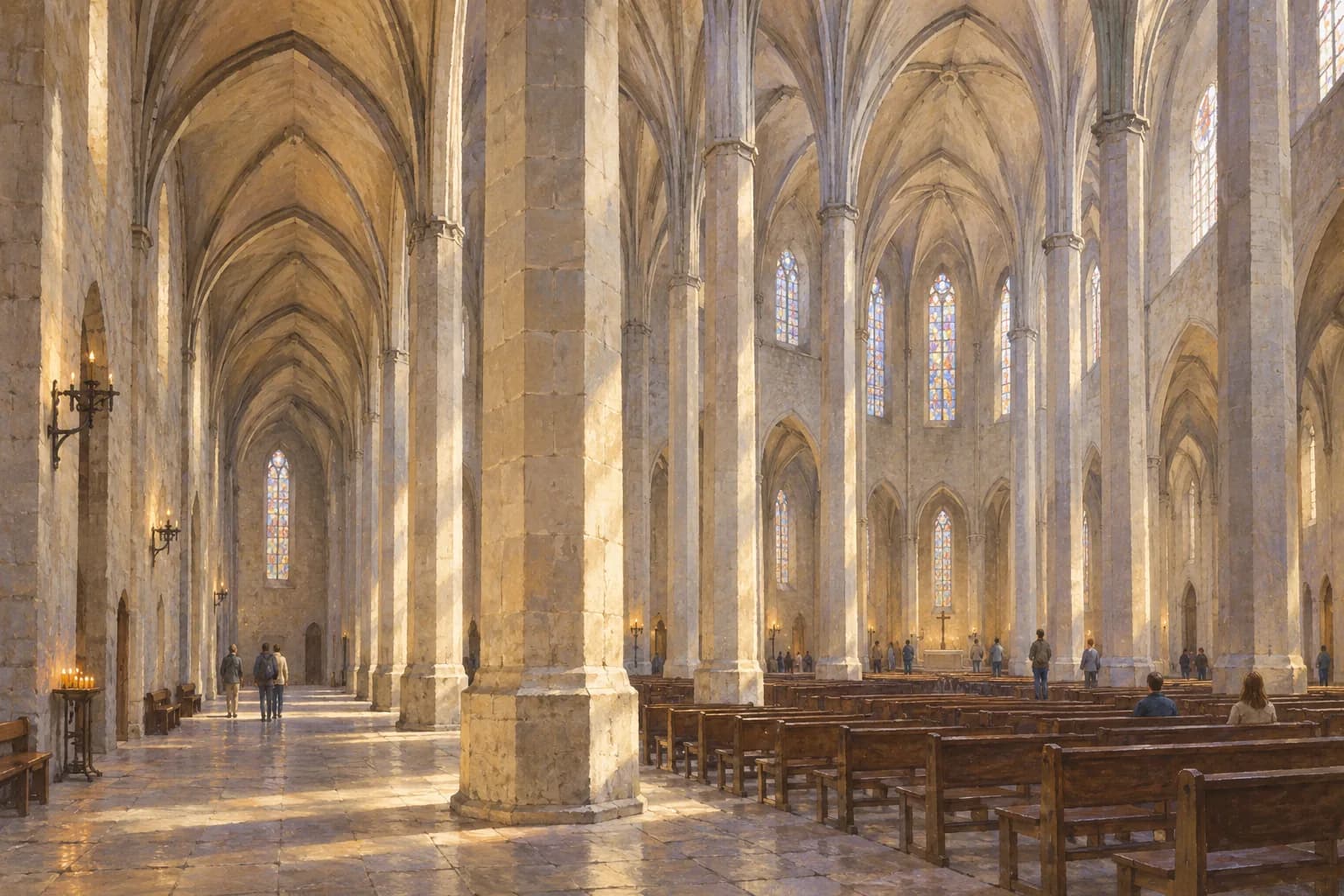Ilustración del interior de Santa Maria del Mar, con pilares octogonales, arcos apuntados y visitantes pequeños sobre el pavimento