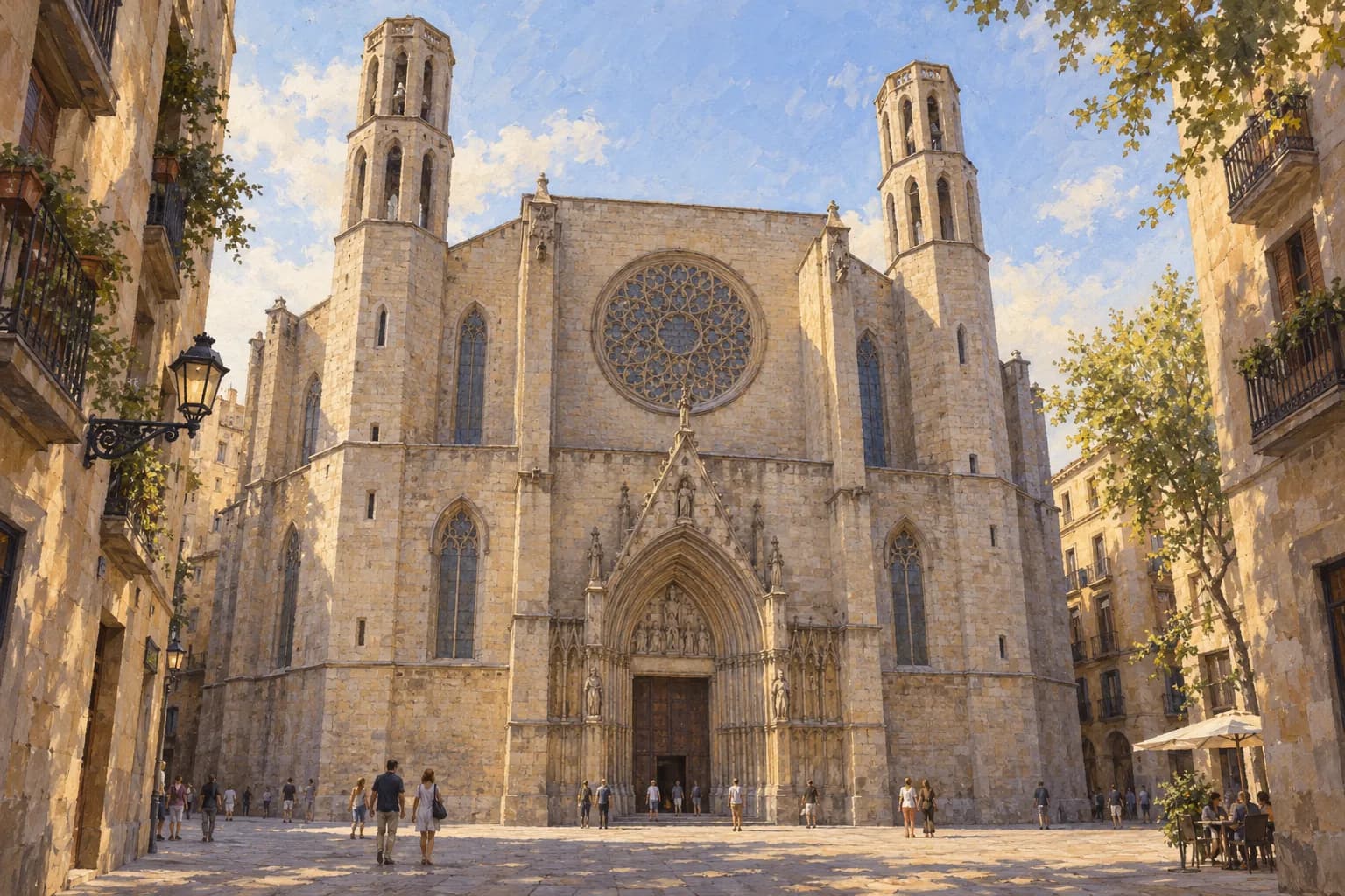 Ilustración de la fachada de Santa Maria del Mar, con rosetón central, portal apuntado y dos torres octogonales