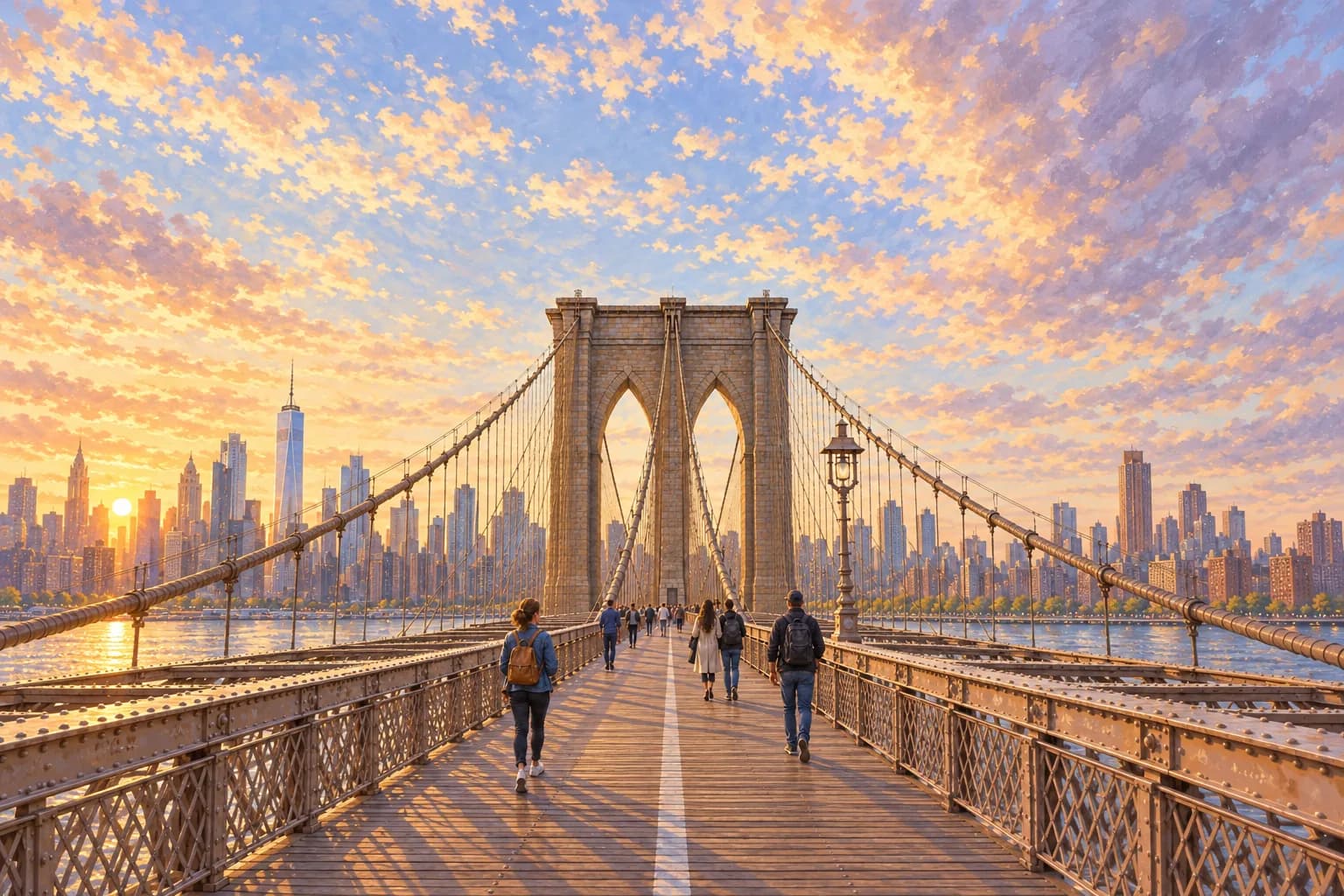 Ilustración del paseo elevado del puente de Brooklyn, con sus dos arcos de granito y cables sobre los peatones