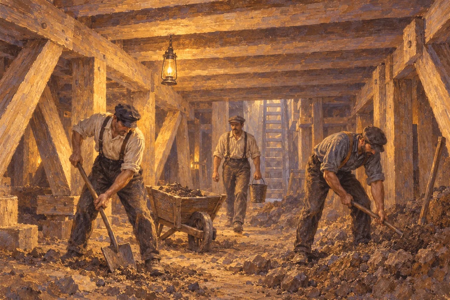 Ilustración de obreros con herramientas de mano en una cámara de cimentación con soportes de madera, suelo excavado y luz cálida