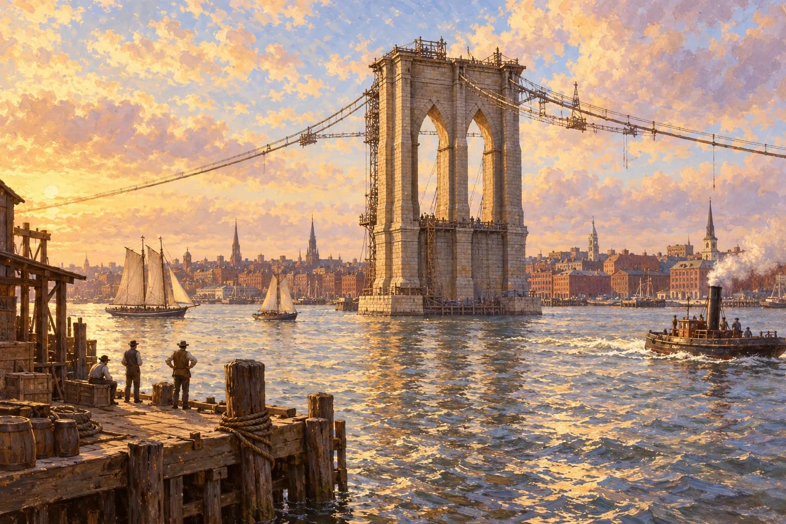 Recreación ilustrada del East River en el siglo XIX, con barcos, muelles y una torre de granito del puente de Brooklyn antes de completarse el tablero