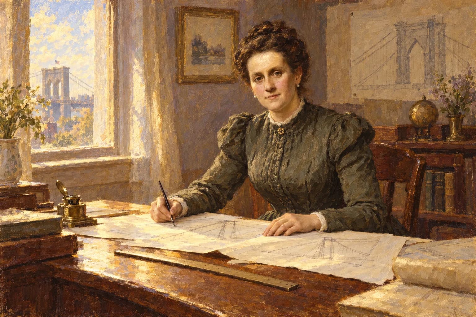 Recreación ilustrada de Emily Warren Roebling sentada ante planos de un puente, con un vestido cotidiano de época y el cabello recogido