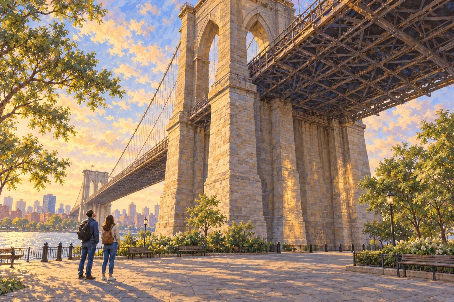 Ilustración de la plaza Emily Warren Roebling, con pavimento, árboles y visitantes bajo el entramado y la base de granito del puente de Brooklyn