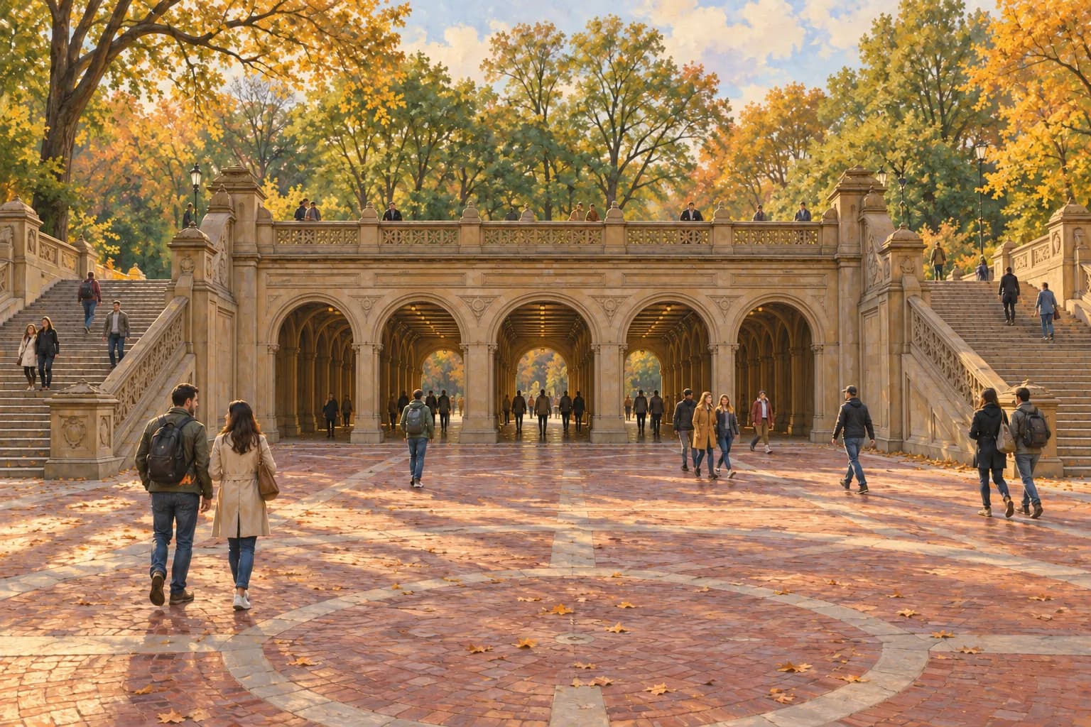 Ilustración de la plaza baja de Bethesda Terrace, con cinco arcos, escaleras laterales y balaustrada de arenisca