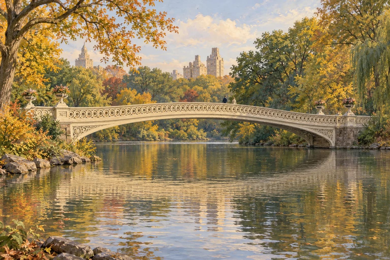 Ilustración de Bow Bridge en Central Park, con su arco bajo y balaustrada clara sobre el lago, entre árboles verdes y dorados
