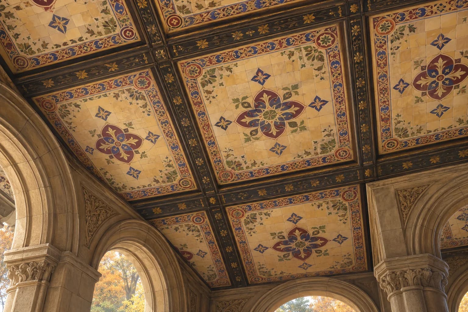 Ilustración de los paneles planos del techo Minton de Bethesda Arcade, con motivos geométricos y apoyos de arenisca