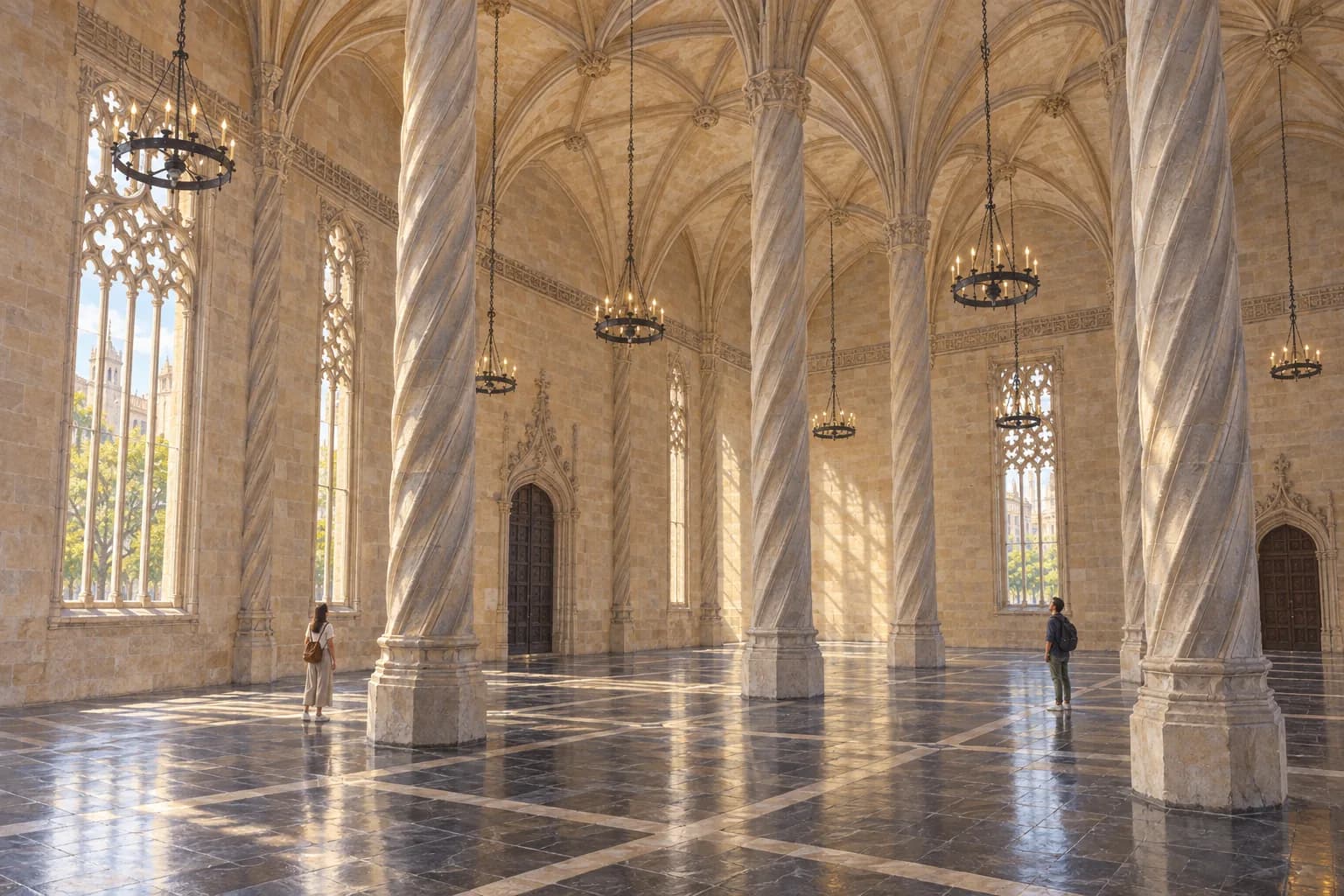 Ilustración del salón de contratación de la Lonja de Valencia, con columnas helicoidales de piedra y bóvedas de crucería