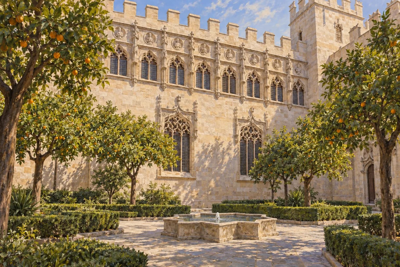 Ilustración del Patio de los Naranjos de la Lonja, con fuente estrellada, árboles y ventanas talladas del Consulado