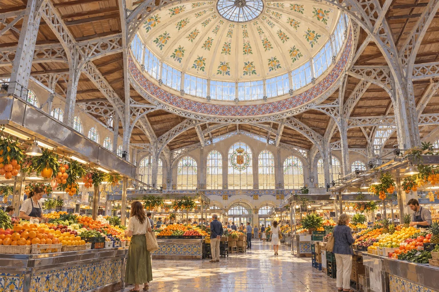 Ilustración del interior del Mercado Central, con su cúpula clara, ventanas y cerchas metálicas sobre los puestos