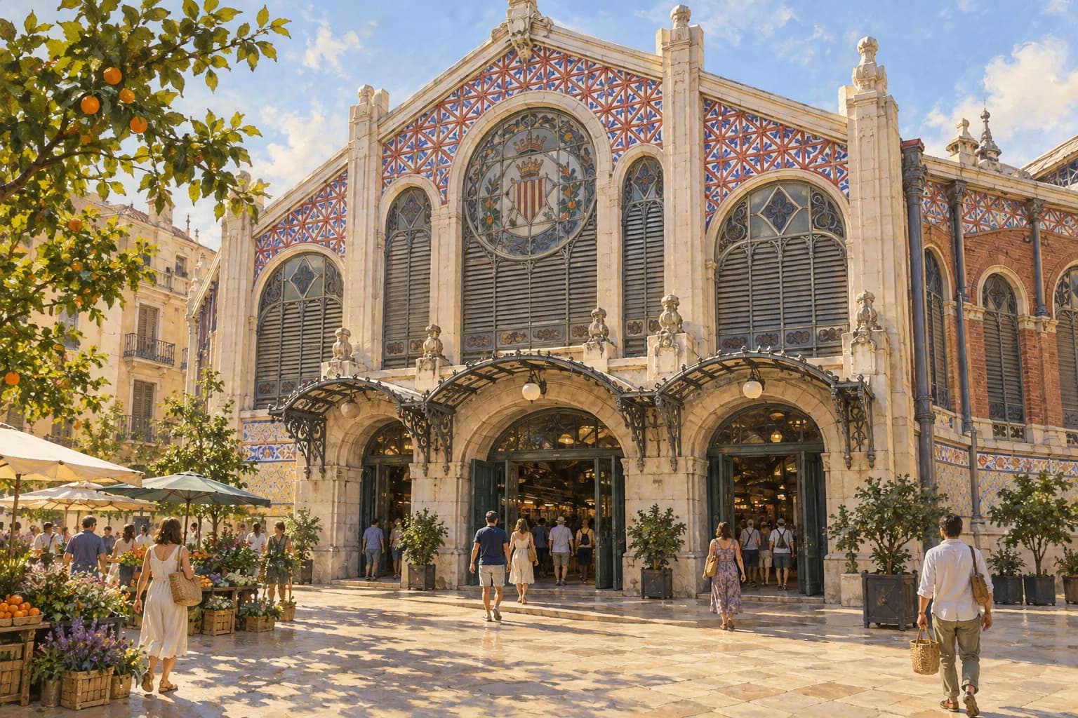 Ilustración de las tres entradas del Mercado Central de Valencia, sus marquesinas de hierro y la cerámica del gablete